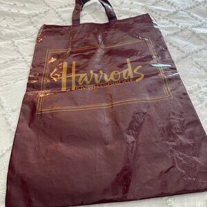 Harrods Knightsbridge London Reusable Tote Shopping Bag Burgundy Gold Logo
